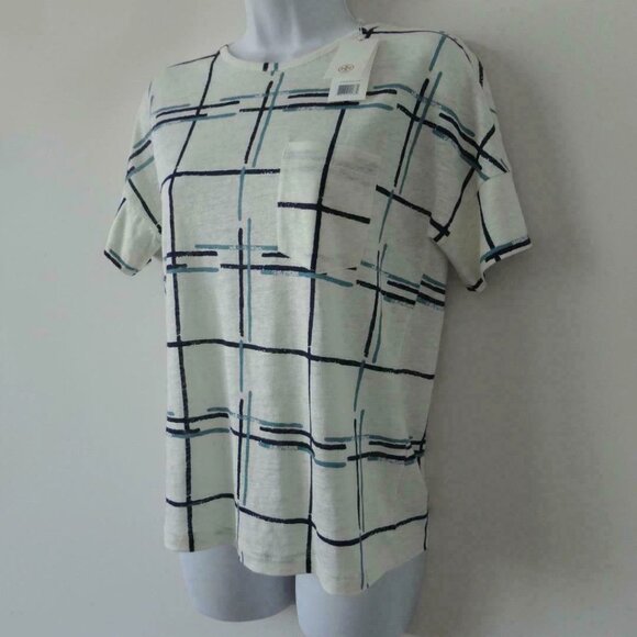 NWT TORY BURCH White Multi Linen Grid Print Pocket Tee Top Top XS - Picture 2 of 7